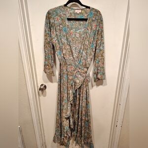 Cienna Multicolor Floral Silk Bench Ruffle Hem Maxi Wrap Dress L Boho Romantic